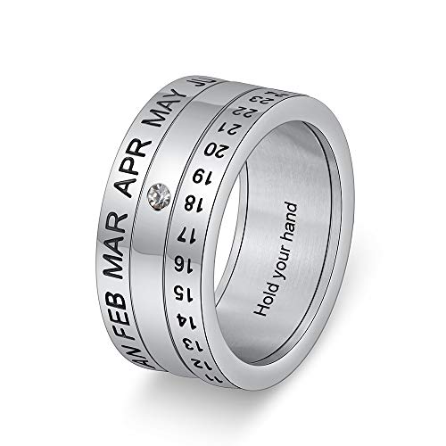 Jewelora Ring für Frauen Männer Personalisierte Paar Ringe mit Geburtsstein Titan Stahl Drehbarer Kalender Monat Datum Ring Kostenlose Gravur Geschenk zum Valentinstag (Silber, 58 (18.5)) von jewelora