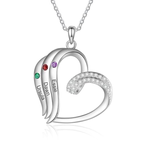 jewelora Damen Herz Silber Halskette Kette mit Namen Geburtsstein Personalisiertes Geschenk für Mama Tochter Oma Muttertag Weihnachten Valentinstag (3 name) von jewelora
