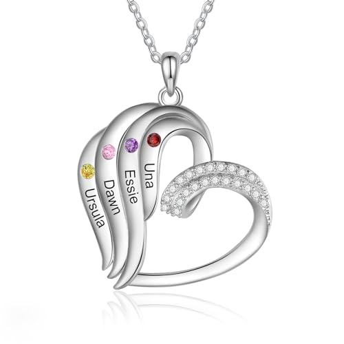 jewelora Damen Herz Silber Halskette Kette mit Namen Geburtsstein Personalisiertes Geschenk für Mama Tochter Oma Muttertag Weihnachten Valentinstag (4 name) von jewelora