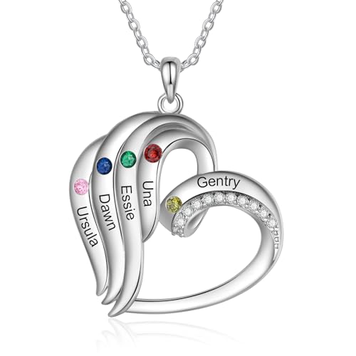 jewelora Damen Herz Silber Halskette Kette mit Namen Geburtsstein Personalisiertes Geschenk für Mama Tochter Oma Muttertag Weihnachten Valentinstag (5 name) von jewelora