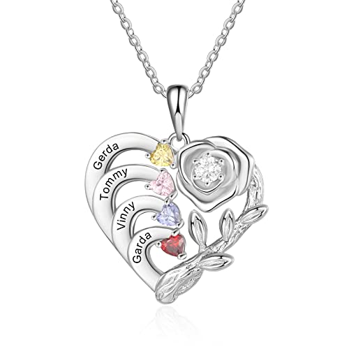 jewelora Ketten für Damen Mama Geschenk Personalisierte Kette mit Namen und Geburtsstein Heart Rose Halskette Muttertag Weihnachten Geburtstag Schmuck (Rose-4) von jewelora