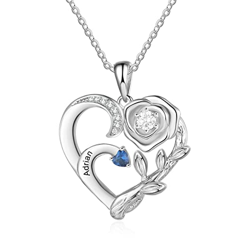 jewelora Ketten für Damen Mama Geschenk Personalisierte Kette mit Namen und Geburtsstein Heart Rose Halskette Muttertag Weihnachten Geburtstag Schmuck (Rose-1) von jewelora