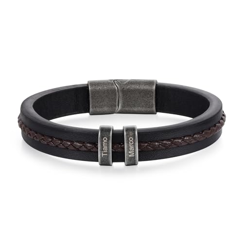 jewelora Lederarmband Herren mit Gravur Personalisiertes Armband mit Namen für Männer Vintage Armband Edelstahl Schmuck Geschenke Schwarz von jewelora