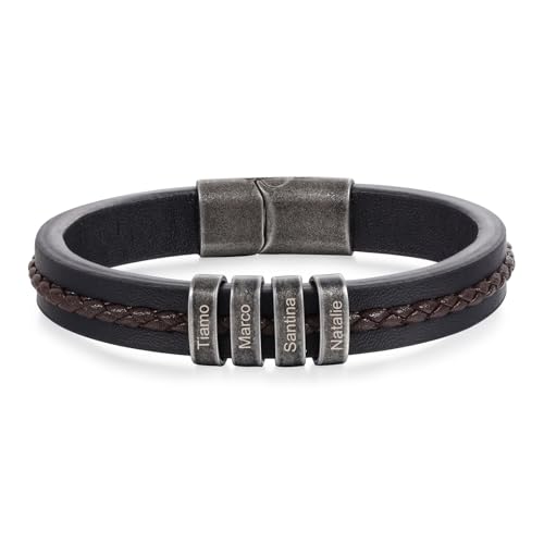 jewelora Lederarmband Herren mit Gravur Personalisiertes Armband mit Namen für Männer Vintage Armband Edelstahl Schmuck Geschenke Schwarz von jewelora