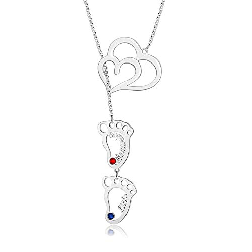 jewelora Personalisierte Baby Füße Frauen Halskette Silber 2 Herzen Anhänger Simulierter Geburtsstein Halskette mit Namen Geschenk für Mutter Familie zum Muttertag Valentinstag Weihnachten (2 names) von jewelora