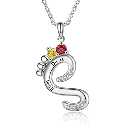 jewelora Personalisierte Damen Halskette Baby Fuß Anhänger Individueller Name und Geburtstagsstein Sterling Silber Halskette Geschenk zum Muttertag Valentinstag Weihnachten von jewelora