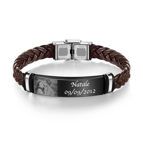 jewelora Personalisiertes Herren-Lederarmband mit Foto Namen Herrenarmband mit Gravur Schmuckgeschenke für Papa Ehemann von jewelora