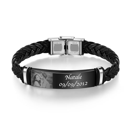 jewelora Personalisiertes Herren-Lederarmband mit Foto Namen Herrenarmband mit Gravur Schmuckgeschenke für Papa Ehemann von jewelora