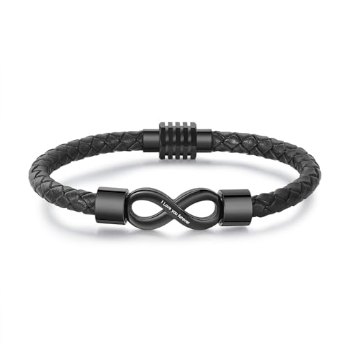 jewelora Personalisiertes Herren-Lederarmband mit Namen Unendlichkeitsarmband mit Gravur für Paare Schmuckgeschenke Schwarz Weiß von jewelora