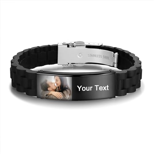 jewelora Personalisiertes Herrenarmband mit Gravur Fotoarmband mit Namen für Männer Silikonarmband für Papa Vatertagsgeschenke von jewelora