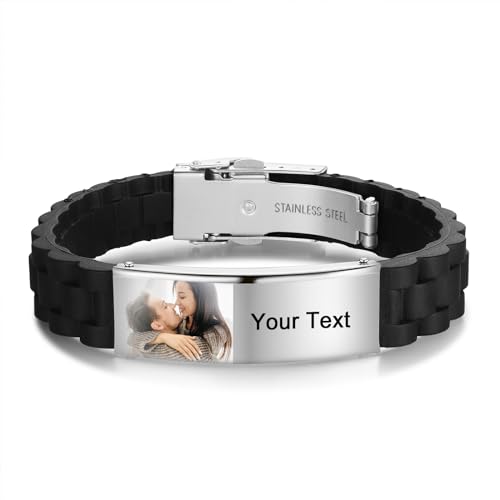 jewelora Personalisiertes Herrenarmband mit Gravur Fotoarmband mit Namen für Männer Silikonarmband für Papa Vatertagsgeschenke von jewelora