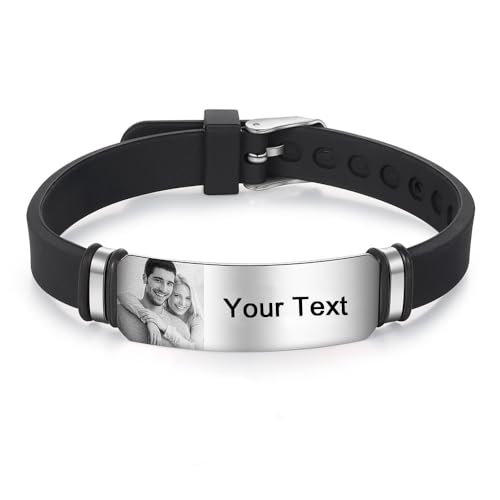 jewelora Personalisiertes Herrenarmband mit Gravur Fotoarmband mit Namen für Männer Silikonarmband für Papa Vatertagsgeschenke von jewelora