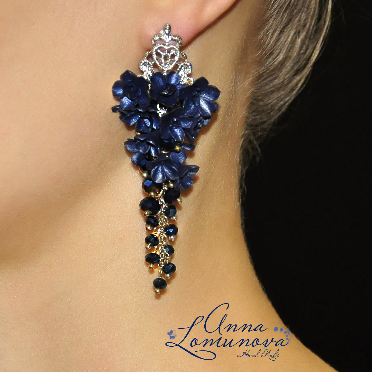 Blau Lange Ohrringe Mit Blumen Navy Blue Floral Blaue Baumeln Drop Ohrring Geschenk von jewelryLomunovaAnna