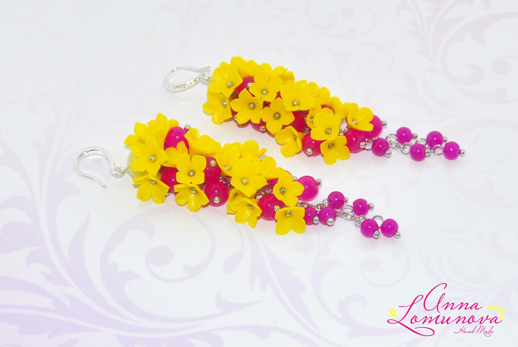 Blume Gelbe Ohrringe Frau Geschenk Gelb Rosa Lange Helle Blumen Fuchsia von jewelryLomunovaAnna