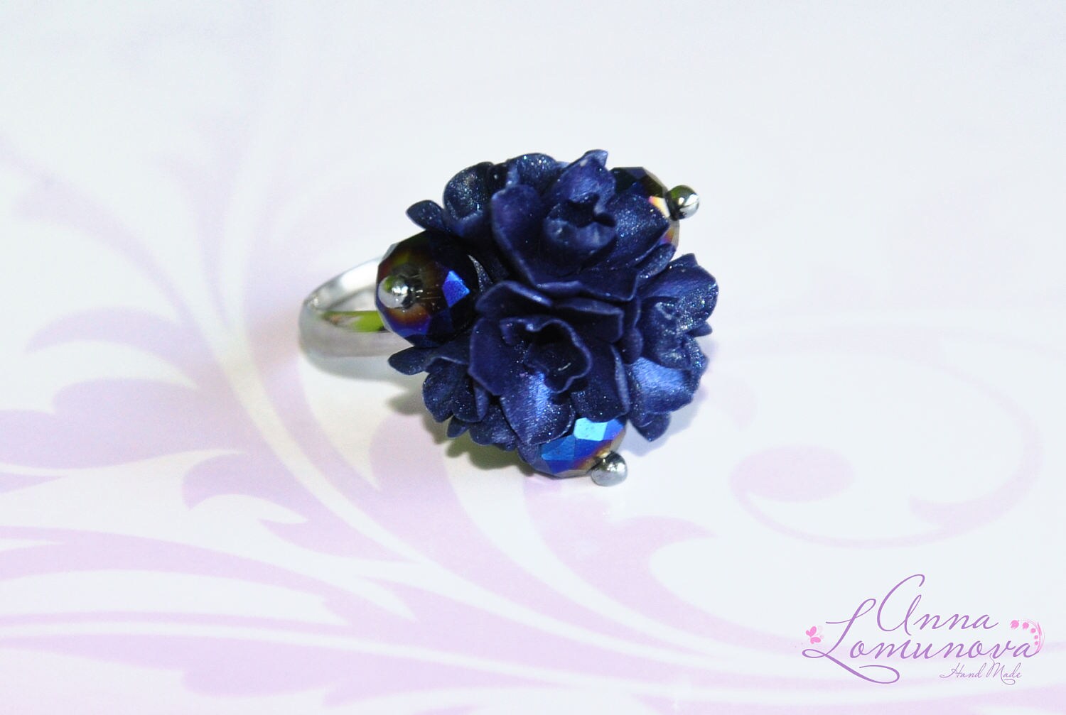 Dunkelblauer Ring Blauer Cocktail Verstellbarer Blauer Blauer Edelstein Blumen von jewelryLomunovaAnna