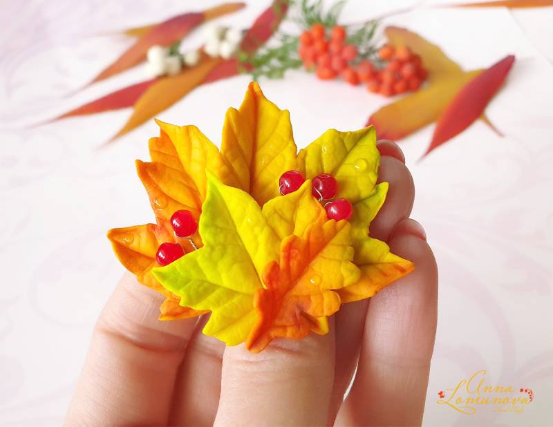 Herbst Brosche Anstecknadel Echtes Blatt Eiche Schmuck Gelb Ahorn Polymer Clay Realistisch von jewelryLomunovaAnna