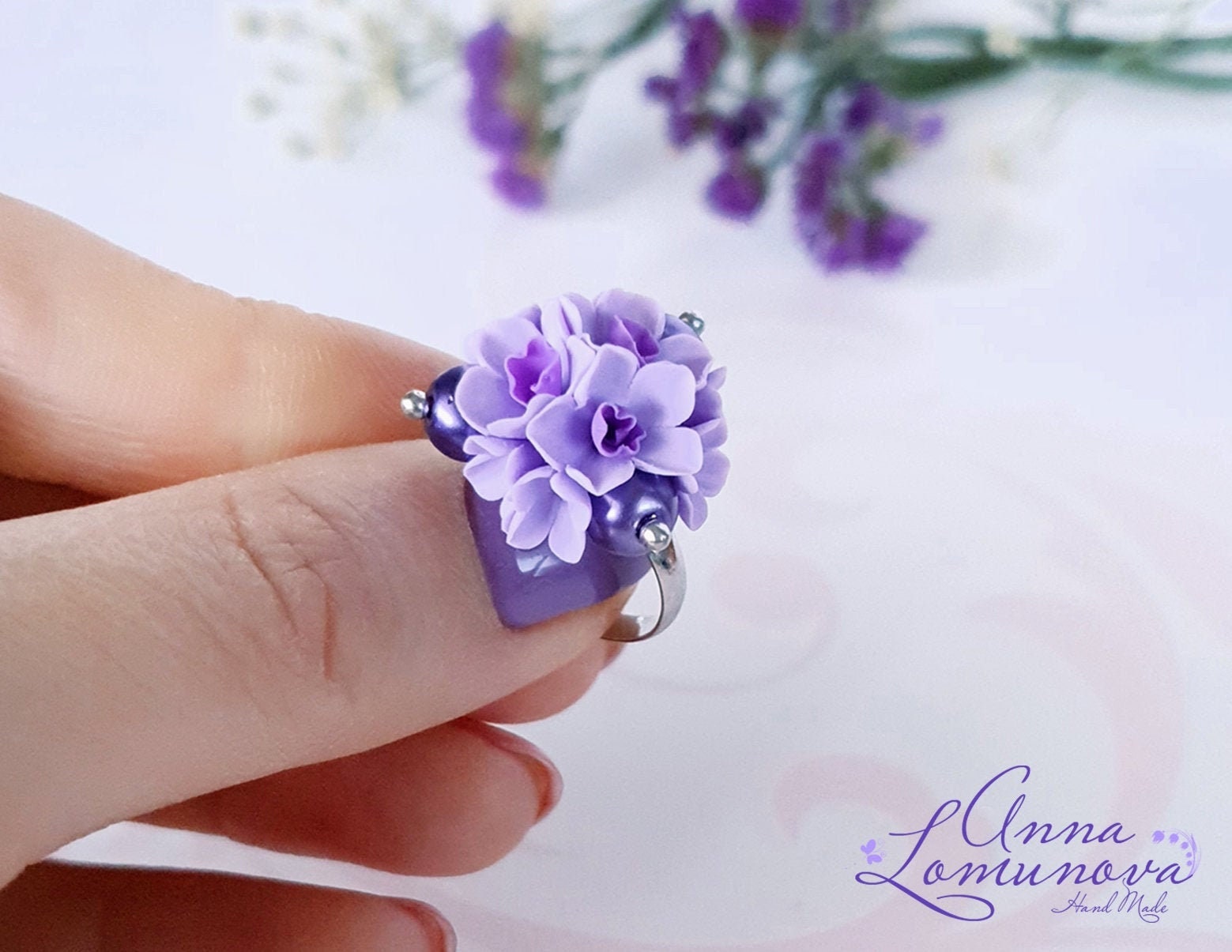 Lila Blume Ring Violet Lavendel Cocktail Verstellbare Violette Blumen Lila Statement von jewelryLomunovaAnna