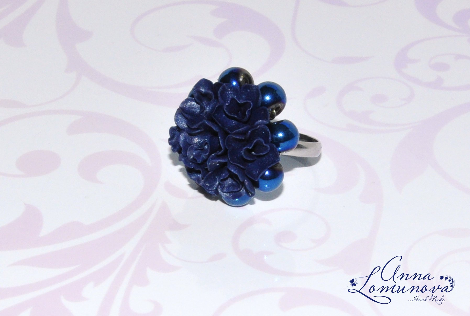 Marineblau Ring Dunkelblauer Freundgeschenk Blauer Cocktailring Verstellbar Blumenring Marineblauer Statement-Ring von jewelryLomunovaAnna