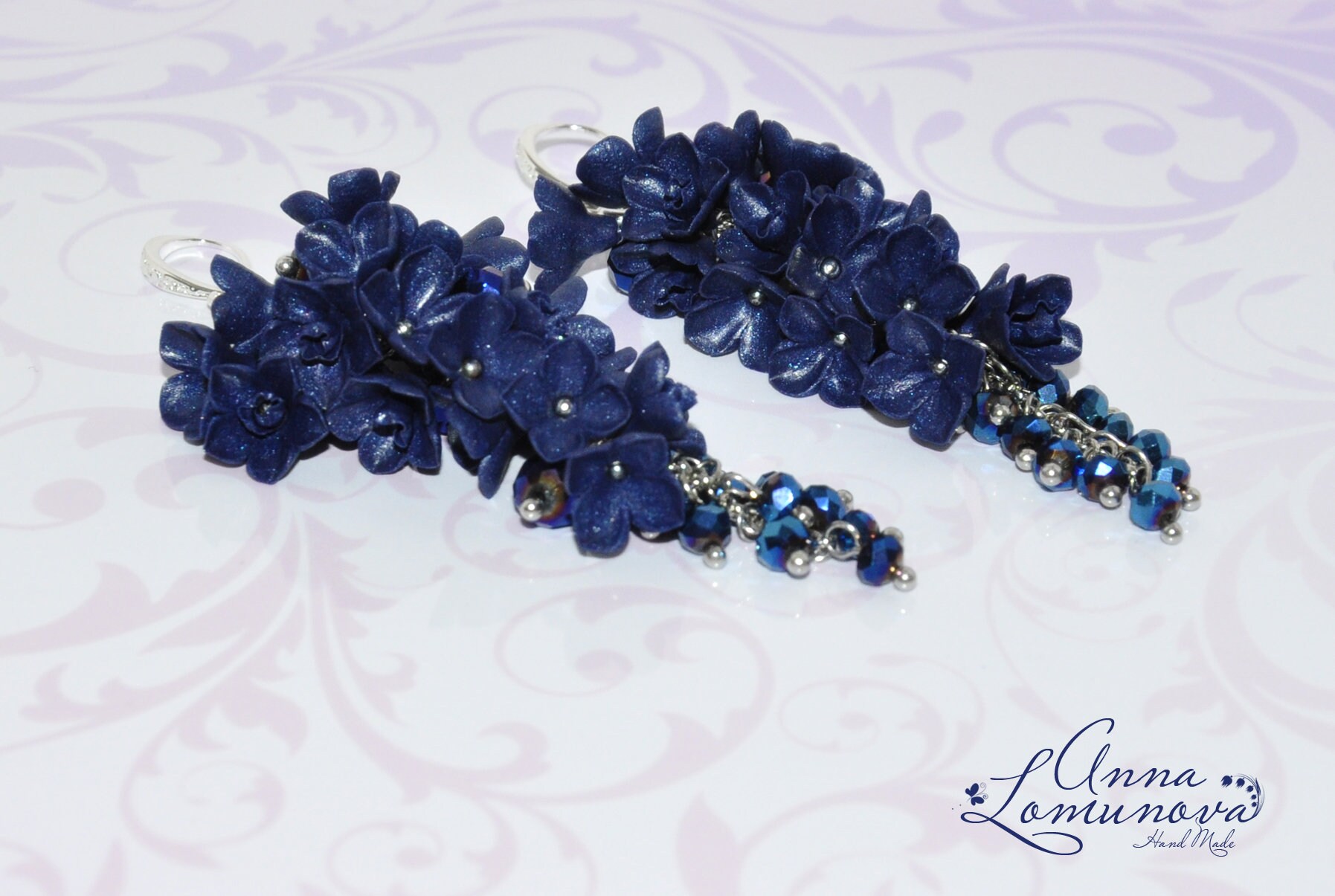 Navy Blau Ohrringe Dunkelblau Ohrring Lange Abend Blumen Schmuck Freundin Geschenk Floral Party von jewelryLomunovaAnna