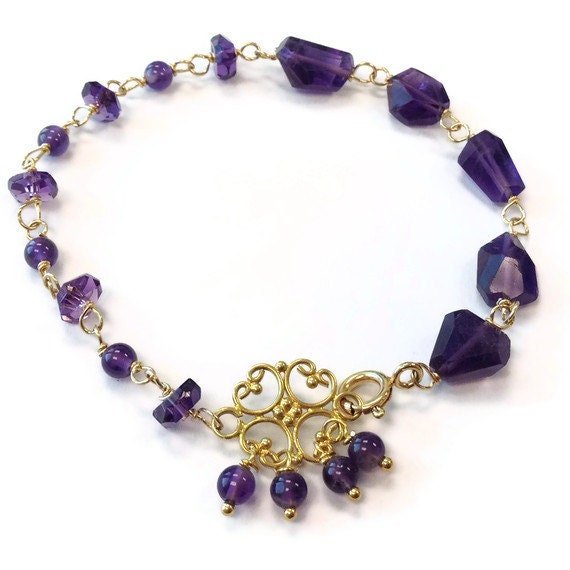 Amethyst Armband - Lila Schmuck Februar Geburtsstein Asymmetrisch Gelbgold Nugget Edelstein Filigraner Verbinder 259 von jewelrybycarmal