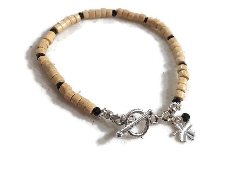 Beige Armband - Schwarzer Kristall Schmuck Silberschmuck Kleeblatt Charm von jewelrybycarmal
