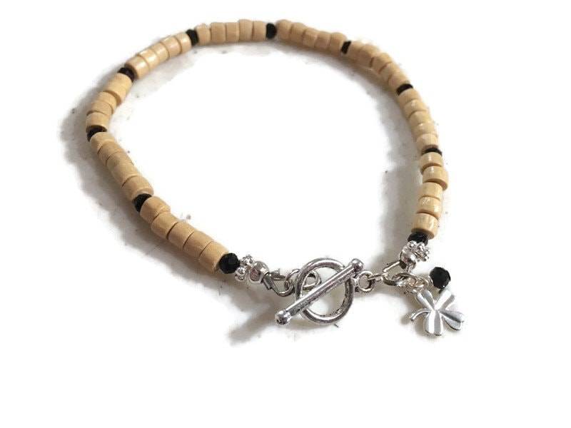 Beige Armband - Schwarzer Kristall Schmuck Silberschmuck Kleeblatt Charm von jewelrybycarmal