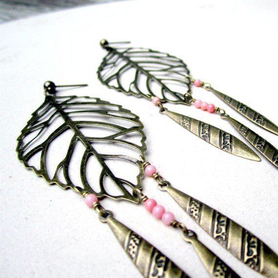 Blatt Ohrringe - Messing Koralle Lange Boho Schmuck Edelstein Durchbohrt Baumeln Handgefertigt By Carmal von jewelrybycarmal