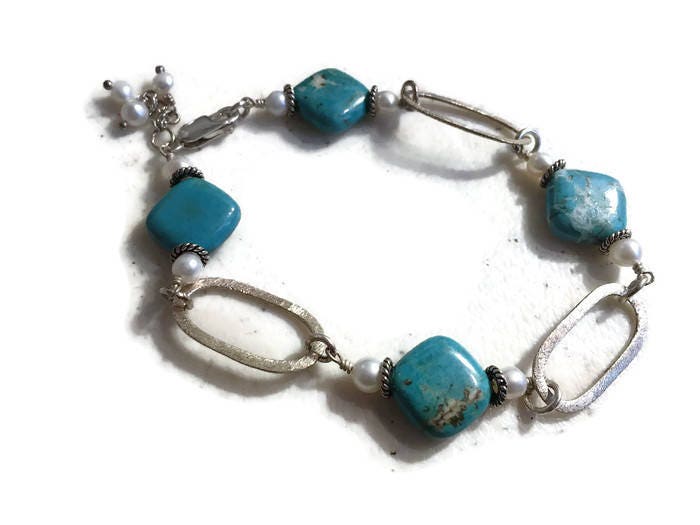 Blau Türkis Armband - Weiße Perle Schmuck Sterling Silber Funky Perlen Mode Geschenk von jewelrybycarmal