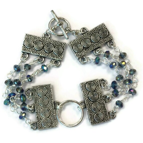 Blaues Armband Silberschmuck Irisierend Kristall Schmuck Multi Strang Dreifachstrang Unikat Draht Gewickelt B-184 von jewelrybycarmal