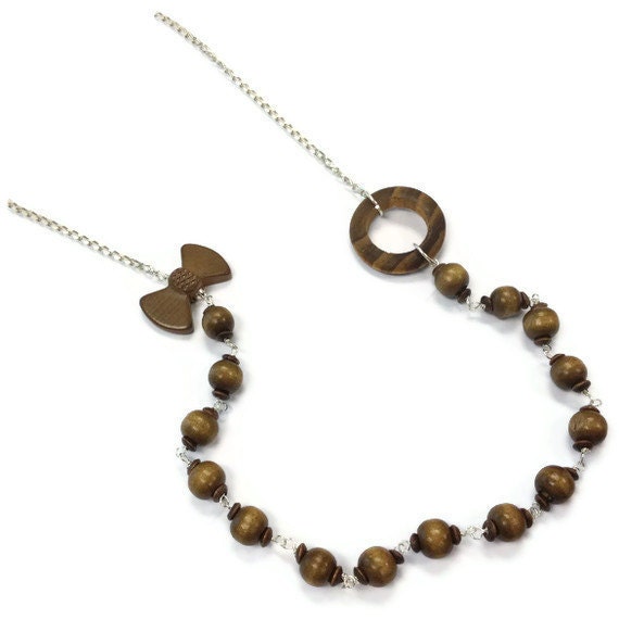 Braune Halskette - Brauner Schmuck Holzschmuck Sterling Silber Kette Perlen Schleife Draht Gewickelt Erdtöne Unikat N-186 von jewelrybycarmal