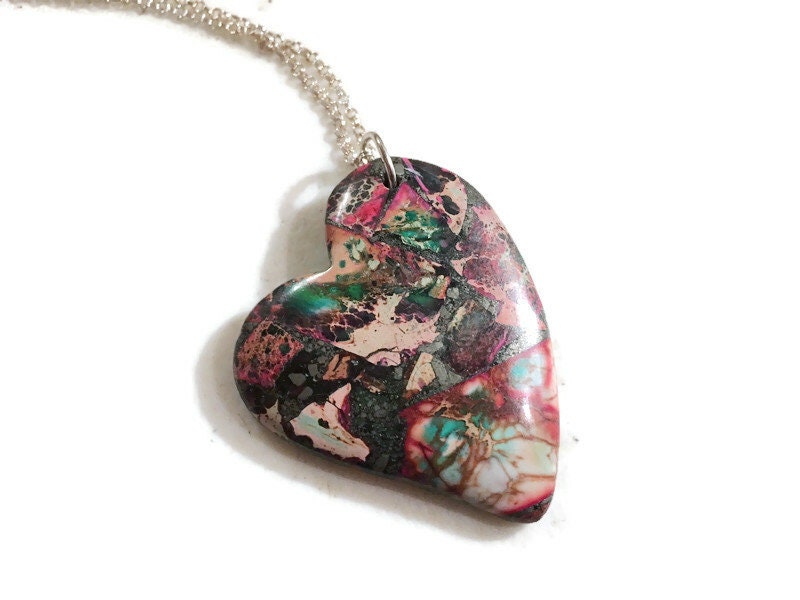 Herz Halskette - Braun & Grün Meeressediment Jaspis Edelstein Schmuck Sterling Silber Mode Kette Anhänger Chic von jewelrybycarmal