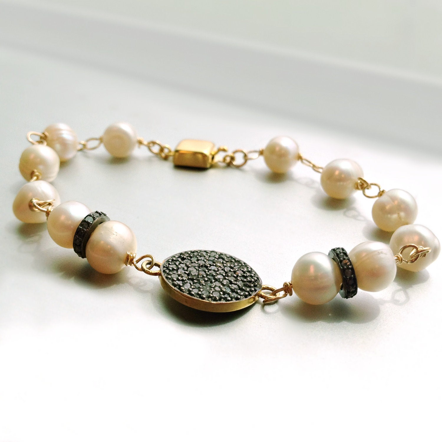 Perlenarmband - Pave Diamant Schmuck Oxidiertes Sterling Silber Gold Mixed Metal Edelstein Unikat Handarbeit B-180 von jewelrybycarmal