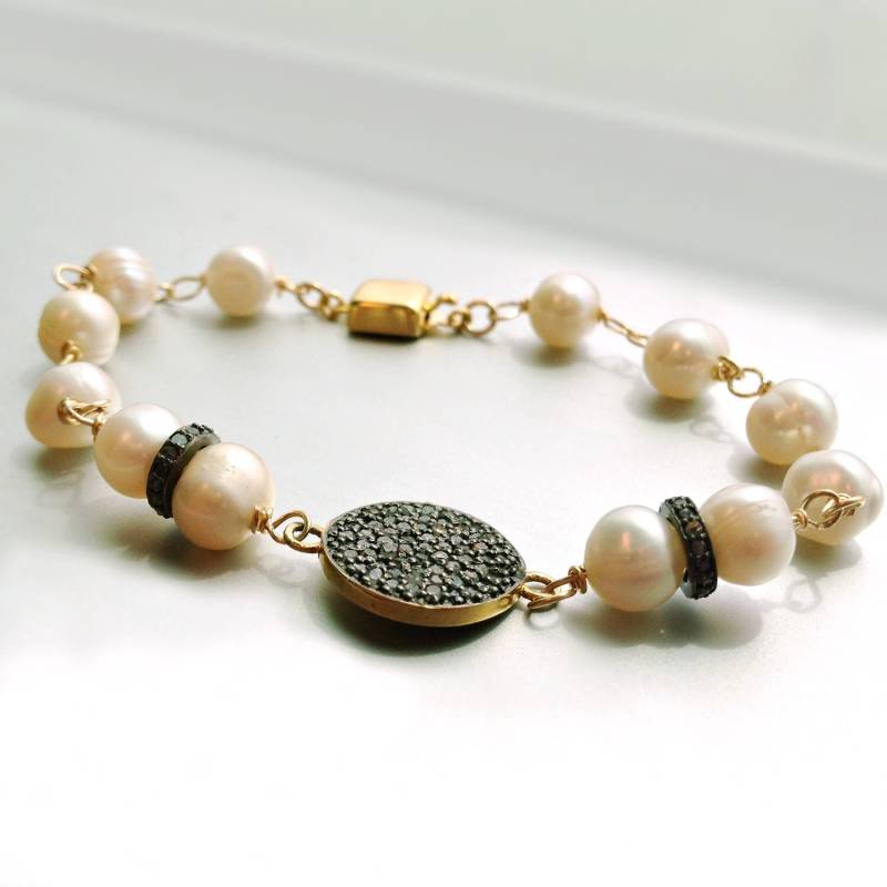 Perlenarmband - Pave Diamant Schmuck Oxidiertes Sterling Silber Gold Mixed Metal Edelstein Unikat Handarbeit B-180 von jewelrybycarmal