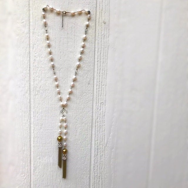 Perlenkette - Lang Messing Schmuck Edelstein Kristall Quaste Luxe von jewelrybycarmal