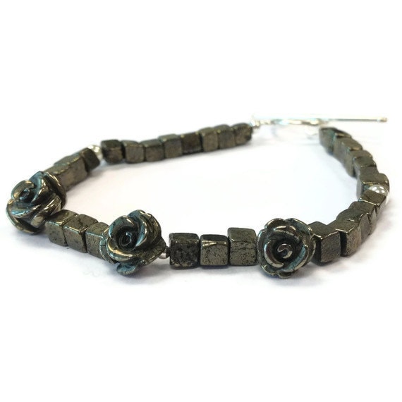Pyrit Armband - Blumen Schmuck Sterling Silber Edelstein Fools Gold Mixed Metal Zierlich Mode B-195 von jewelrybycarmal
