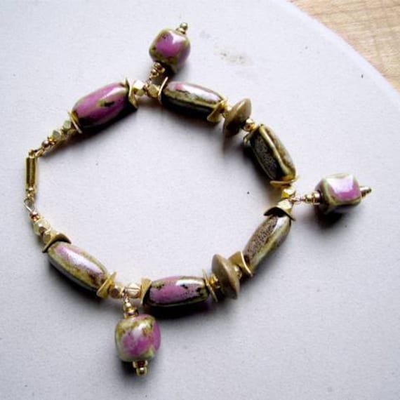 Rosa Armband - Tan Raku Perlenschmuck Gelbgold Schmuck Damen Sommer Mode Glas B-57 Rosa Armband - Tan Raku Perlenschmuck Gelbgold Schmuck Damen Sommer Mode Glas B-57 von jewelrybycarmal