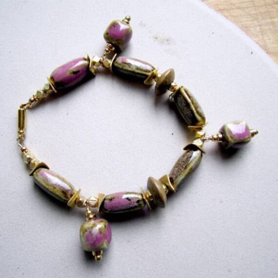Rosa Armband - Tan Raku Perlenschmuck Gelbgold Schmuck Damen Sommer Mode Glas B-57 Rosa Armband - Tan Raku Perlenschmuck Gelbgold Schmuck Damen Sommer Mode Glas B-57 von jewelrybycarmal