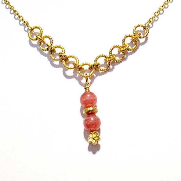 Rosa Halskette - Rhodochrosit Edelstein Schmuck Gold Ausgefallene Kette Anhänger Tropfen Klassisch Unikat Blume N-18 von jewelrybycarmal