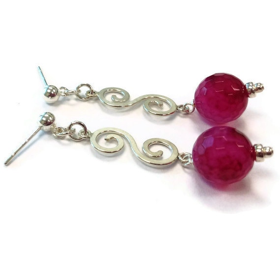 Rosa Ohrringe Sterling Silber Schmuck Achat Edelstein 925 Unikat Magenta Hot Pink Neon Swirl Er-146 von jewelrybycarmal