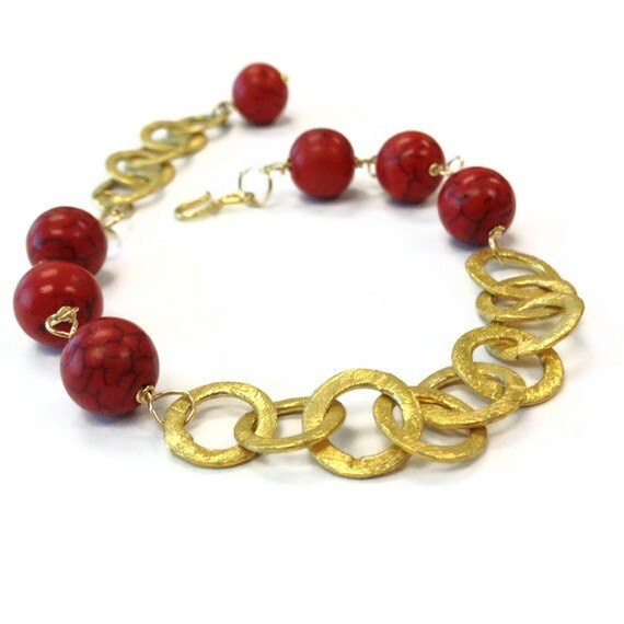 Rotes Armband - Howlith Und Gold Schmuck Natürlicher Edelstein Kette Unikat Verlängerung Mode Trendy B-252 von jewelrybycarmal