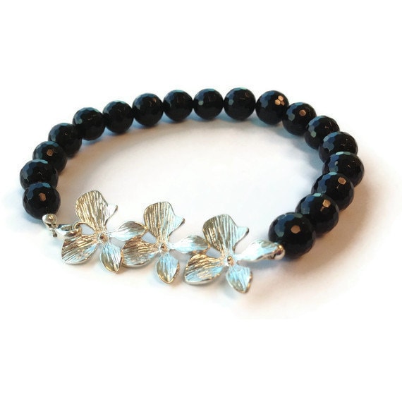 Schwarzes Onyx Armband - Sterling Silber Schmuck Blumenschmuck Orchidee Abschluss Edelstein B-Tbm von jewelrybycarmal