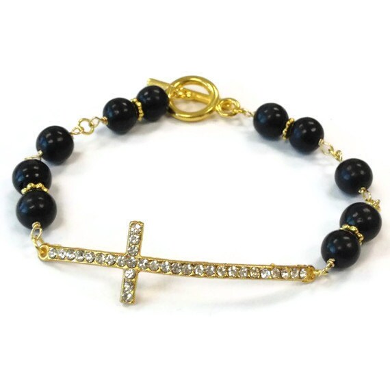 Seitlich Kreuz Armband - Schwarzer Schmuck Gelbgold Türkis Edelstein Religion Religiös Kristall B-331 von jewelrybycarmal