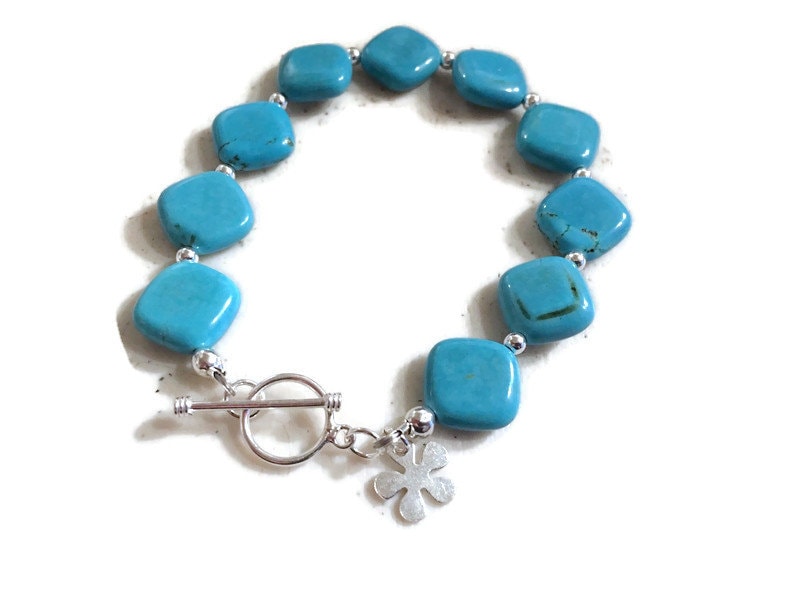 Türkis Armband - Edelstein Schmuck Sterling Silber Perlen Blumen Charm Blau Geschenk Us Free Versand Knebel von jewelrybycarmal