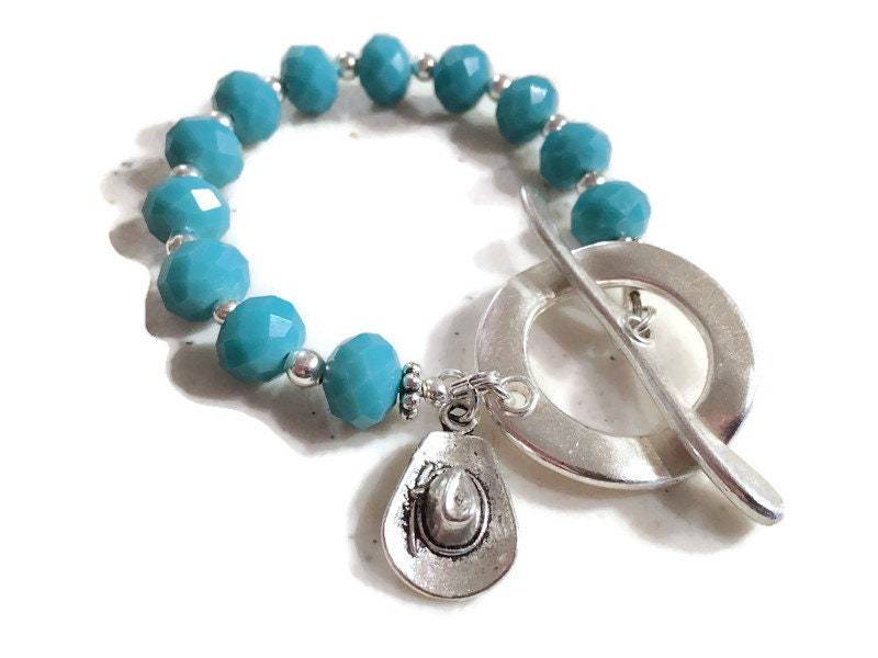 Türkis Armband - Kristall Perlen Schmuck Silberschmuck Mode Cowboy Hut Charm von jewelrybycarmal