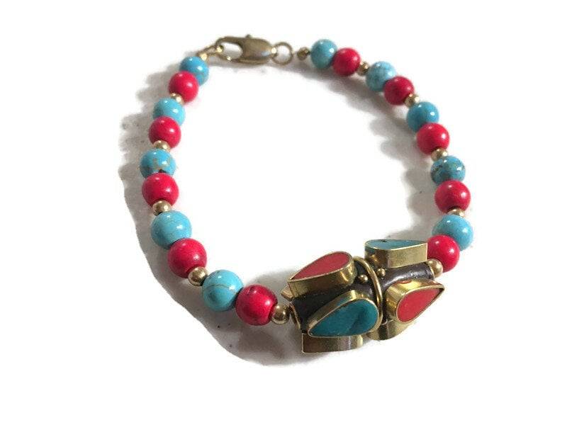 Türkis Armband - Roter Edelstein Schmuck Messingschmuck Perlen Chunky Mode von jewelrybycarmal