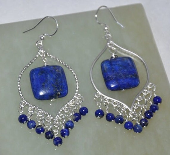 Lapis Lazuli Ohrringe, Kronleuchter Ohrringe Sterling Silber, Edelstein, Perlen Boho Braut Edelstein Schmuck von jewelrybyirina