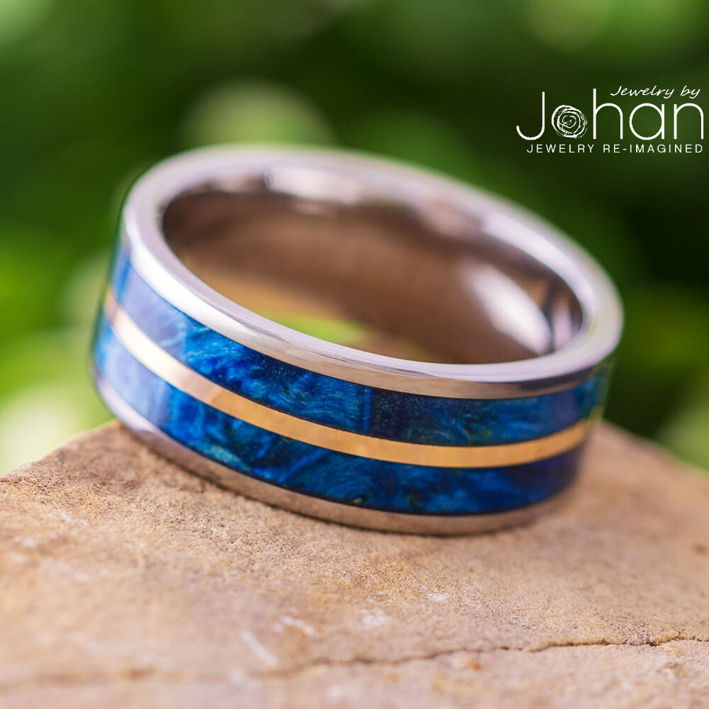 Blauer Holz Herren Ehering Mit Kupfer Nadelstreifen, Blauer Ring Für Die Bräutigam von jewelrybyjohan
