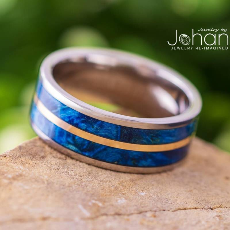 Blauer Holz Herren Ehering Mit Kupfer Nadelstreifen, Blauer Ring Für Die Bräutigam von jewelrybyjohan