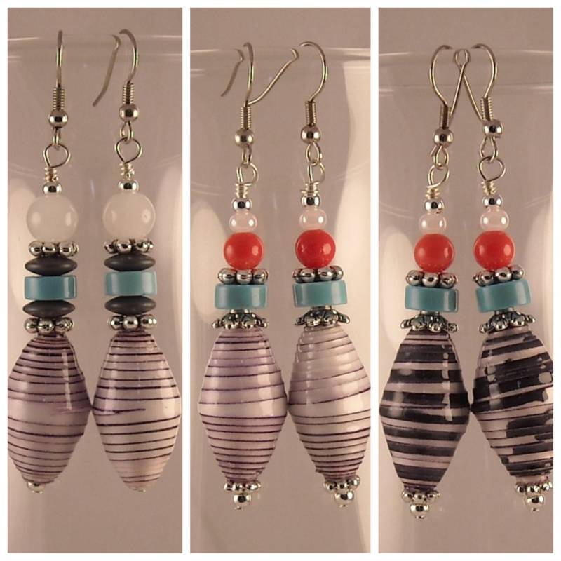 Schwarz Weiß Multicolor Handgemachte Papier Perlen Glasperlen Hämatit Spacers Silber Zinn Baumeln Ohrring von jewelrybypatsdesign