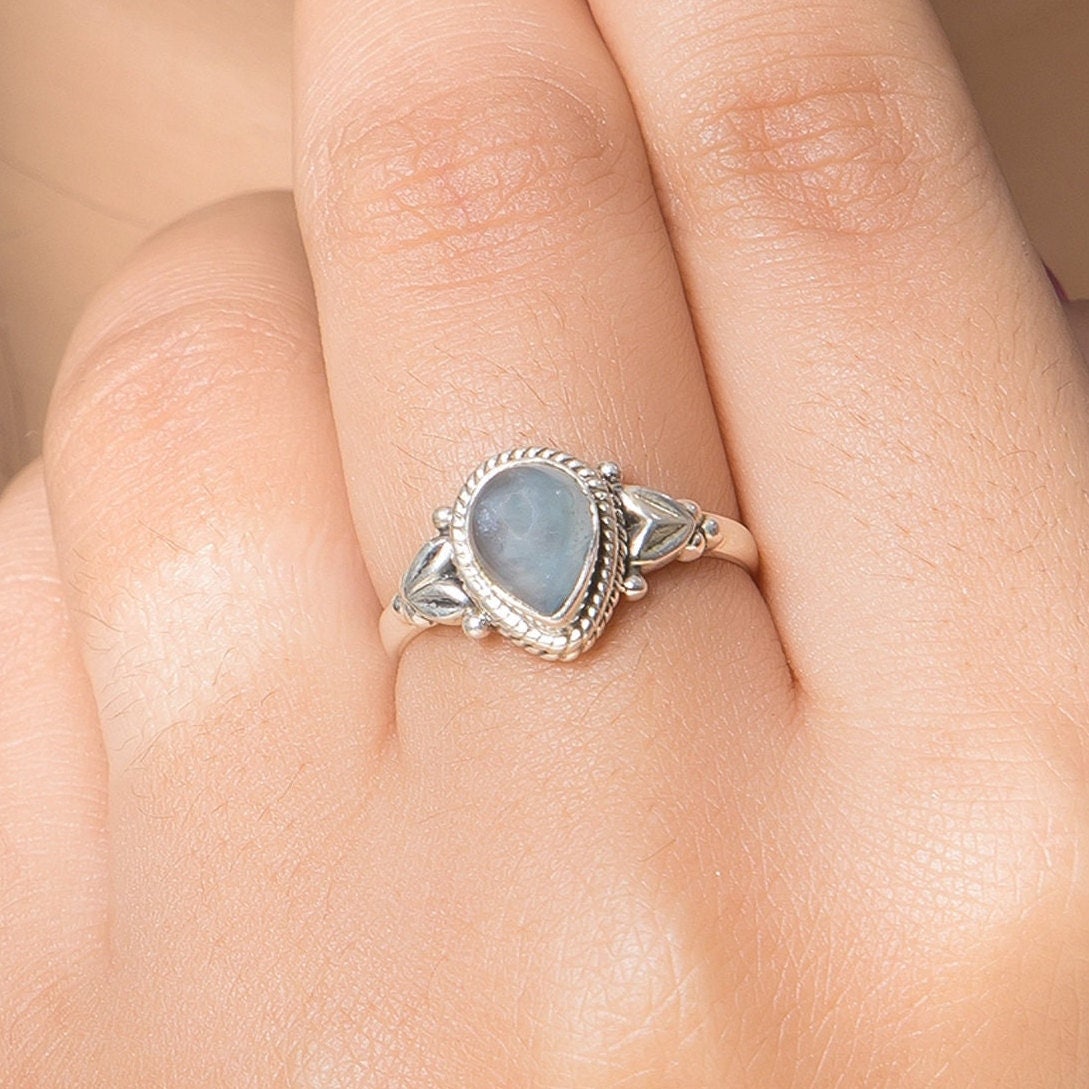 Frauen 925 Massive Silber Aquamarin Ring Birne Form Edelstein Ring, Handgefertigt Blauer Stein Kristall von jewelrygemshouse